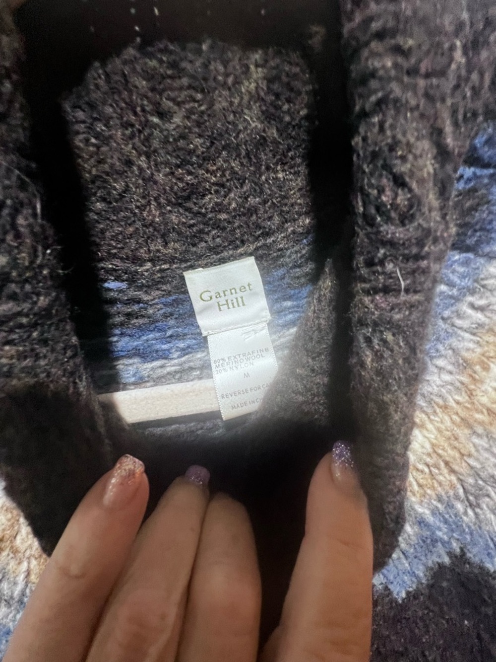 Garnet Hill Merino Wool Turtleneck Sweater Nordic Fair Isle Black Blue Womens M - Picture 5 of 5